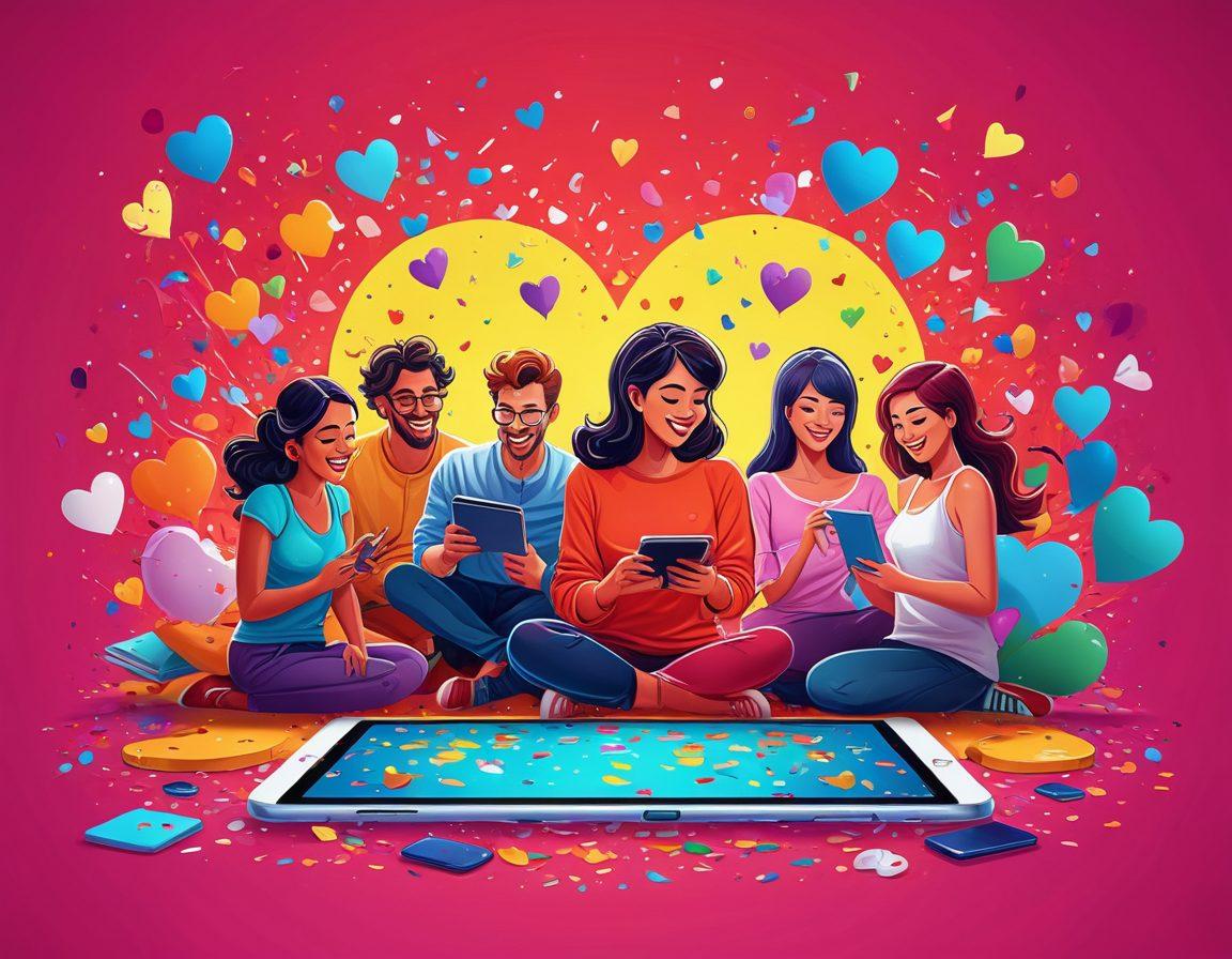 A whimsical and vibrant illustration of diverse adults engaging in joyful experiences online, surrounded by colorful symbols of fun and pleasure, like confetti, hearts, and playful graphics. The scene conveys excitement and exploration, set against a lively digital backdrop, depicting various devices like tablets and smartphones. The atmosphere is uplifting and inviting, celebrating the world of adult entertainment in a tasteful and engaging manner. colorful vector art. bright colors. playful style.