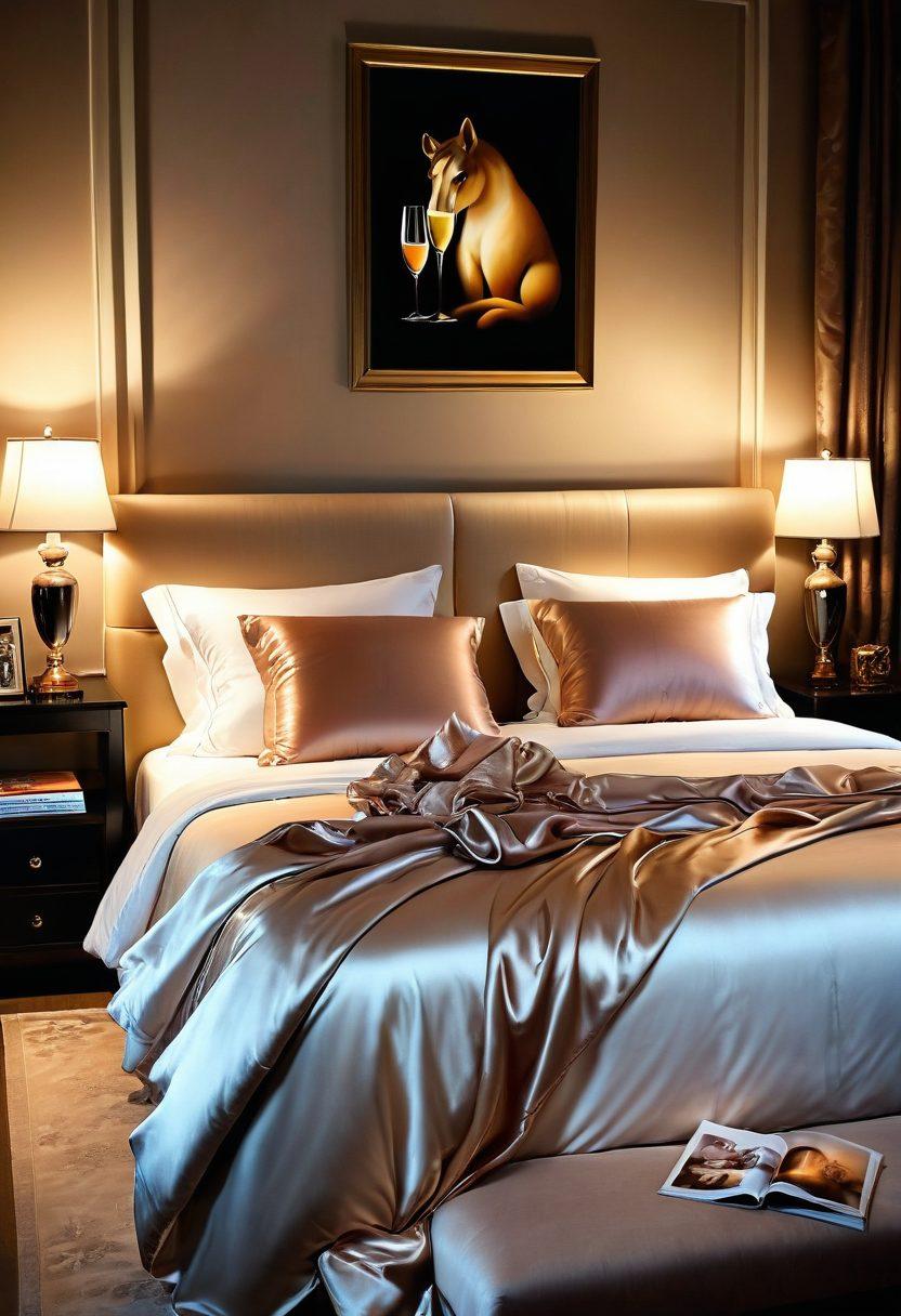 A cozy and inviting bedroom setting, with soft lighting and luxurious silk sheets, featuring playful erotic art on the walls. In the foreground, a tastefully arranged collection of adult toys and books lies on a delicate silk throw. A glass of champagne sits nearby, symbolizing indulgence and pleasure. The atmosphere is warm and inviting, hinting at both sensuality and satisfaction. soft focus, warm tones, super-realistic.